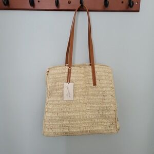 Straw Packable Checker Boxy Tote Handbag Universal Thread Beige Packable